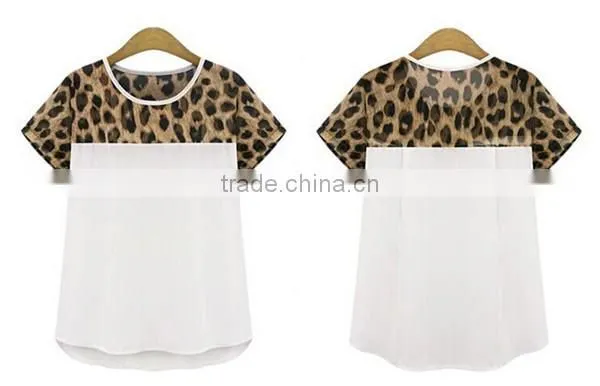 Classic black and white Summer women chiffon leopard stitching clothing plus size,chiffon fabric,t shirt women wear