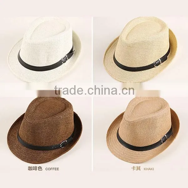 2015 Hot sell blank boys summer straw hat fedora hat paper straw hat fedora with button 6colors