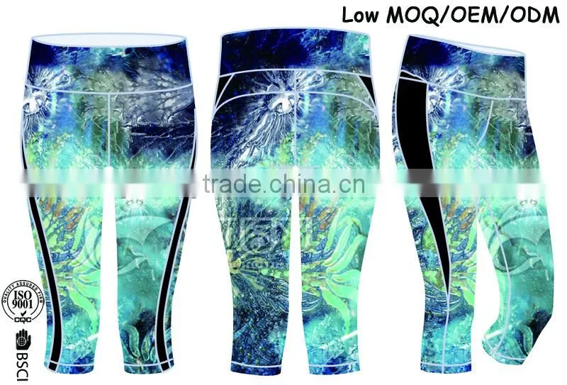 Sublimation printed capri tight yoga pants, high quality women yoga pants