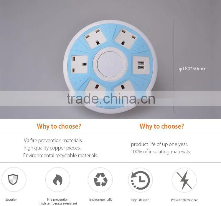 CE approved 5 ways individual switch USB extension socket