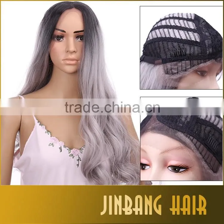 Natural Wave Wigs Long 24 inch 1B Ombre Silver Grey Lace Front Wigs/ Wavy Cosplay / Party Wigs
