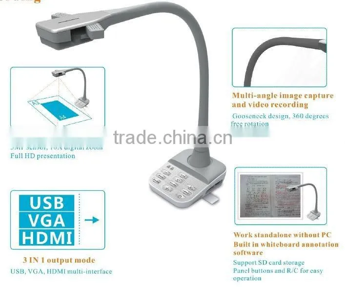 Portable teaching visual presenter 5Mega pixel VGA ,HDMI,USB interface autofocus A3 document camera
