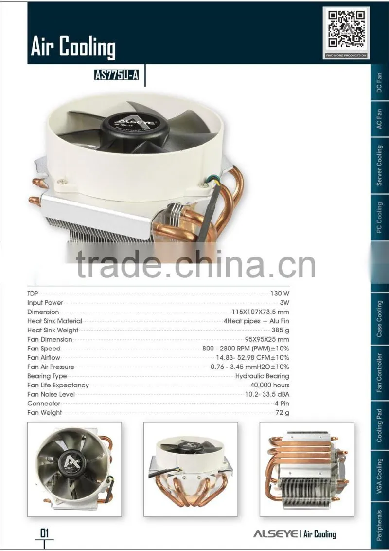 Alseye AB1401 manufacture AS775U-A cpu cooler reviews heatsink fan 130W aircooler