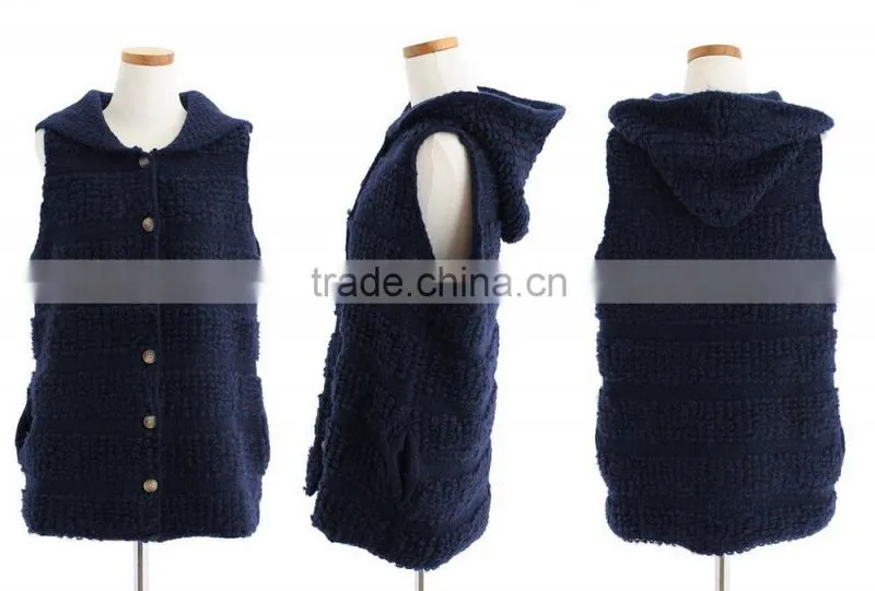 Hot selling cardigan sleeveless hooded womens knitted sweater vest