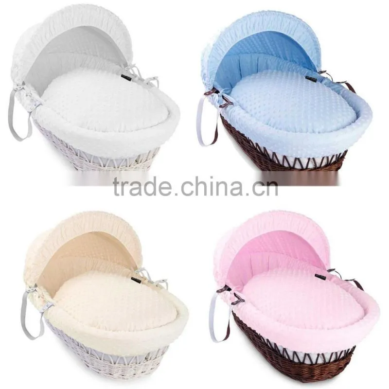 White Wicker Moses basket with Pink Dimple liner