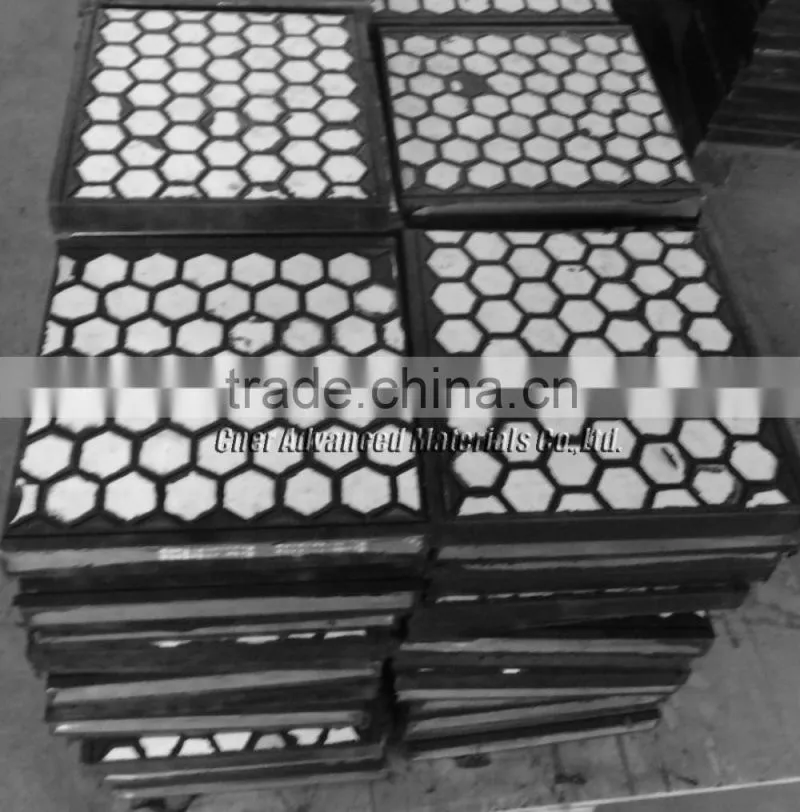 Ceramic rubber wear panel, with hexagonal tiles embedded
