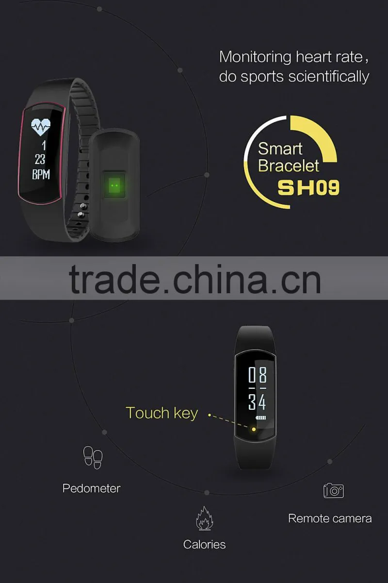 Bluetooth 4.0 Smart band Bracelet IP67 Heart Rate Monitor Sport Fitness Tracker SH09 for Android iOS smartphone