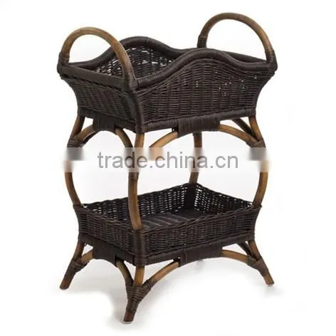 Modern 2 tiers wicker basket stand with wood handles