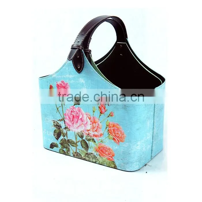 Flower Print Faux Leather Buckle Handle Magazine Newspaper Basket/holder
