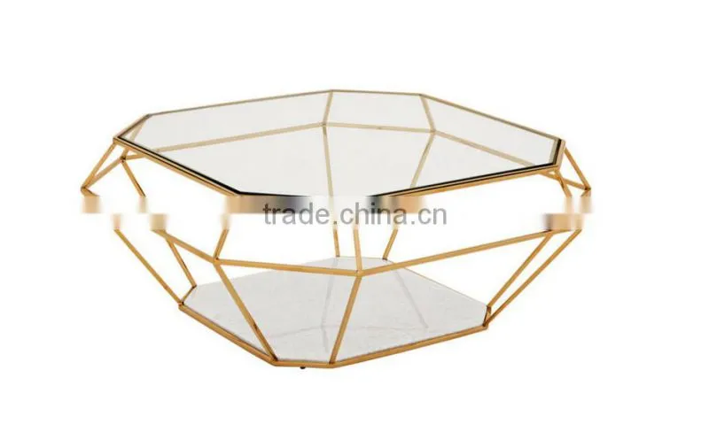 CN8029 unique art deco diamond glass top marble gold coffee table