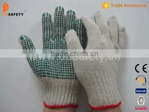 Natural Cotton Knitted Gloves With Green PVC Dotted