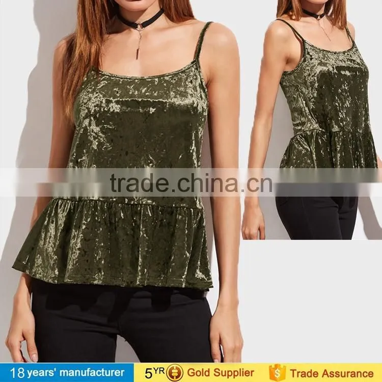 2017 Latest sexy sleeveless V Neck spaghetti strap summer wear design Velvet Camisole tops blouse for women