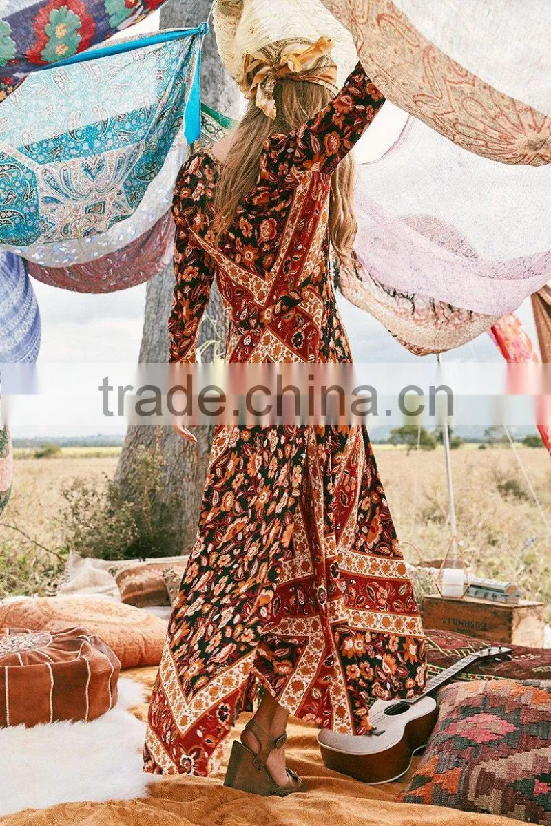 Bohemian Front Button Down Vintage Long Sleeve One Piece Maxi Dress HSd5170