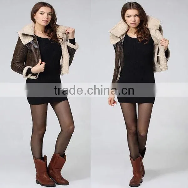 2014 brown lamb wool shearling women leather jacket with fur collar