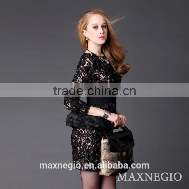hot sale above knee Mini 3/4 sleeve hot girl sexy club black lace gold sequin sexy prom dress