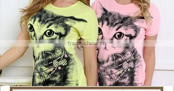 2015 wholesale custom s/s cotton cat printed design long pants fancy lady pyjamas
