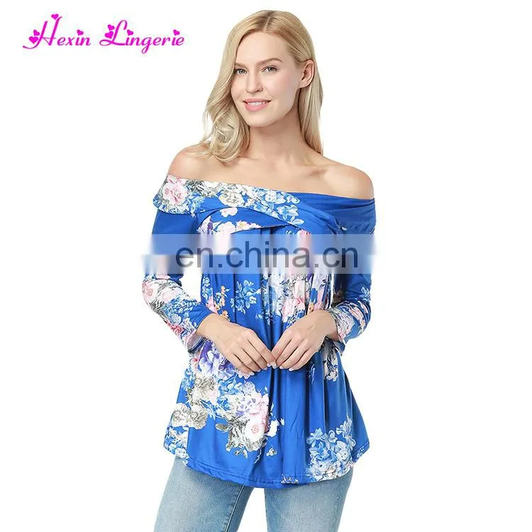 Private Label blue Striped long sleeves tops tshirt women casual blouse designs