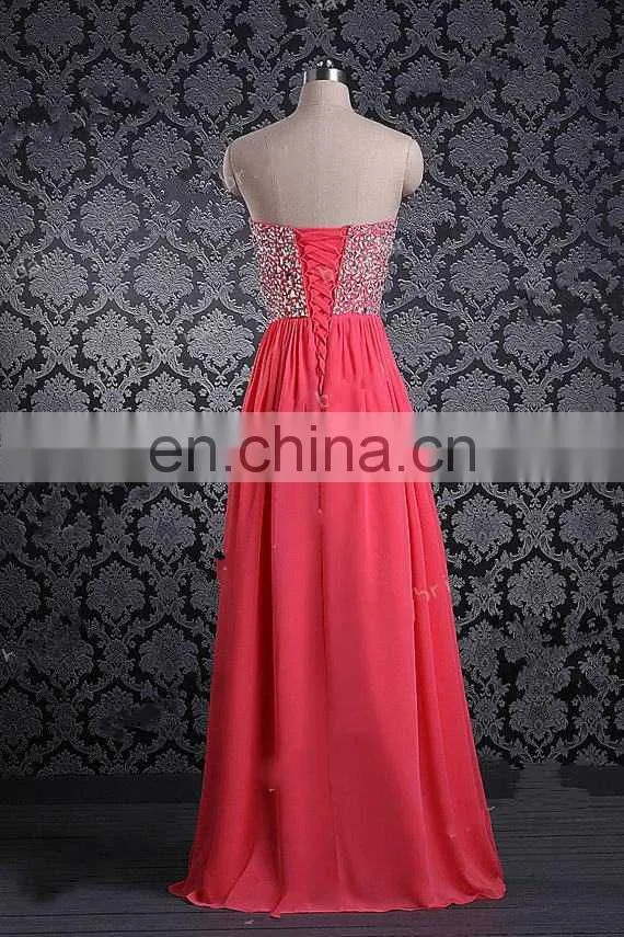 Beaded Rhinestones Sweetheart Bodice Corset Prom Gown Chiffon Floor Length Coral Prom Dresses