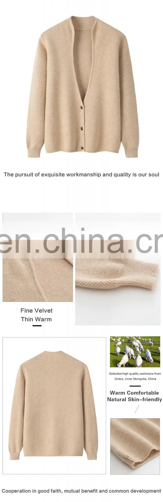 Women's Latest Design Deep V Neck Single Breasted Thick Jacquard Knitted Cashmere Sweater Casual Style for Winter