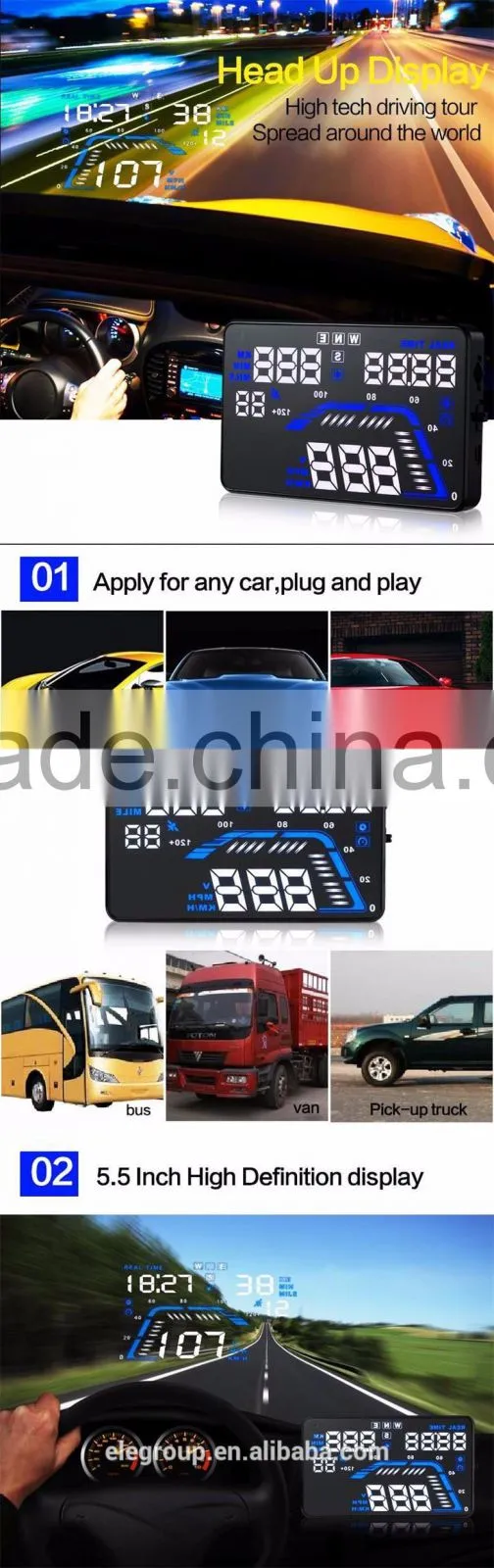 Universal 5.5" Inch Q7 LED Head Up Digital Display Car GPS OBD2 HUD