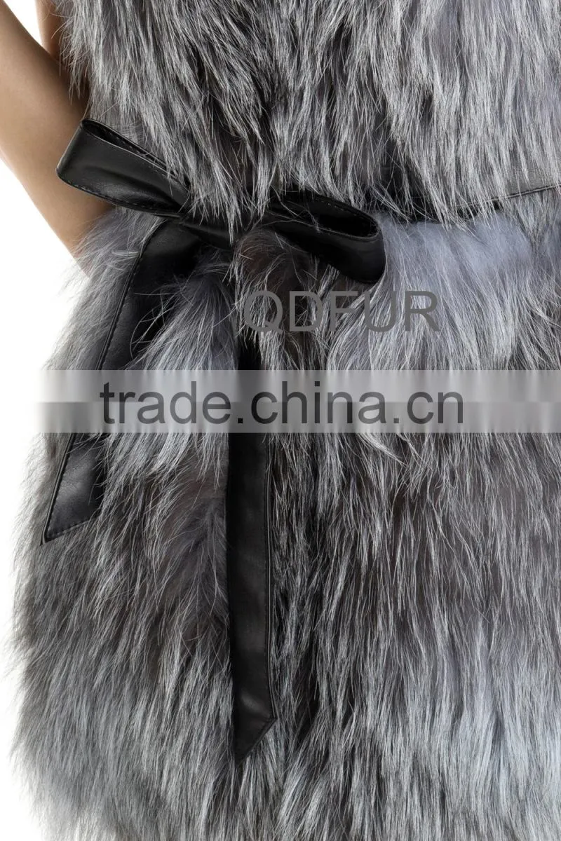 QD70701 Ladies Real Silver Fox Fur Vests Woman With Sheep Leather 2014 New Products From China