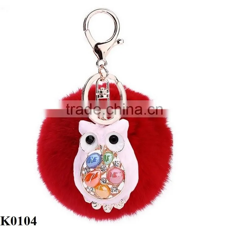 Colored owl keychain fur ball key chain owl with gemstone keychain keyring K0104