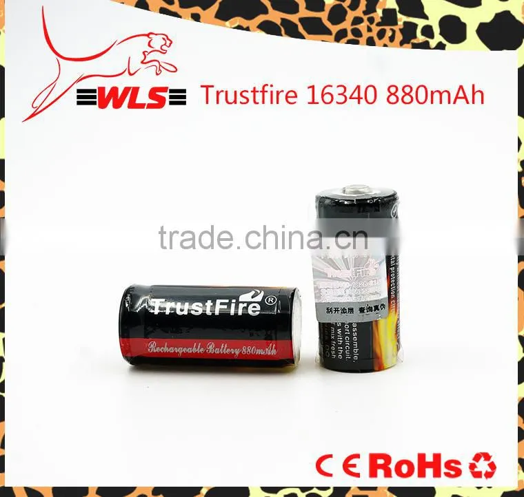 Original 16340 li-ion battery Trustfire 3.7V 16340 880mah rechargeable cell made in China
