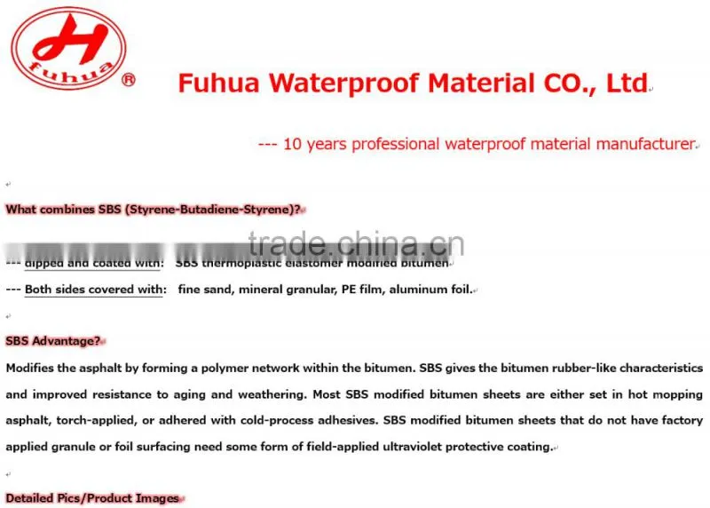 Building waterproofing materials torch applied sbs modified asphaltic membranes Weifang Fuhua