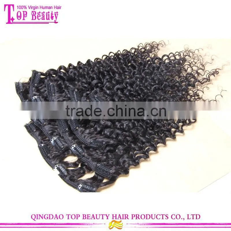 Wholesale unprocessed high quality 100% virgin indian deep curly hair clip in extensions