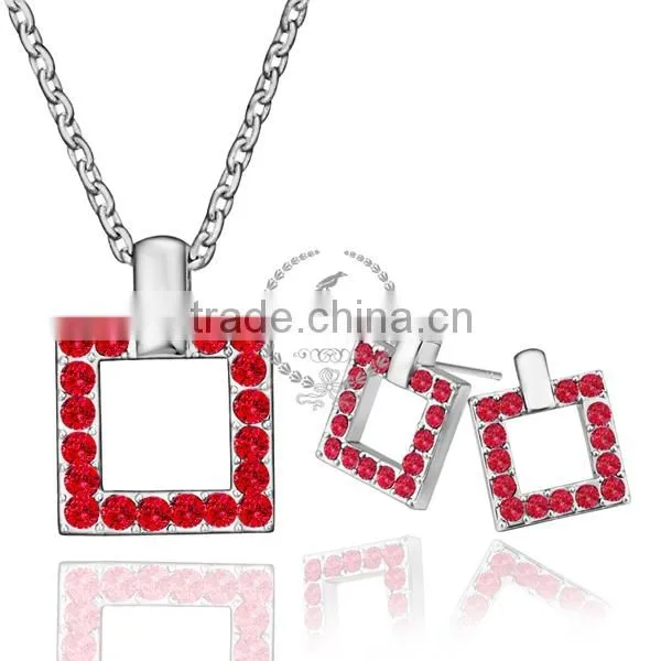 18KRG platinum plated rhinestone crystal red square pendant charm DIY supplies earrings and necklace jewelry set PS188