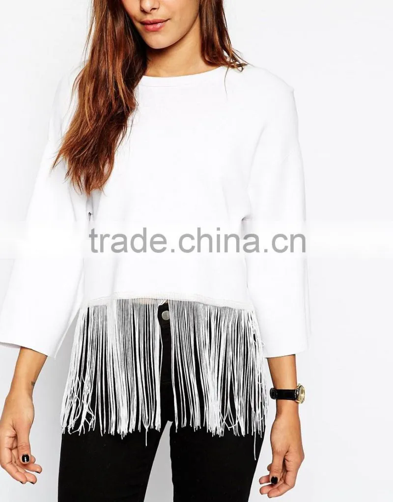 High fashion design sexy women sweater structured knit with fringing sweater