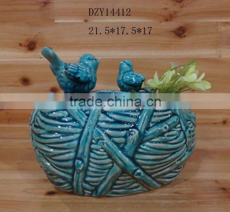 Ceramic flower vase and pot with bird decoration