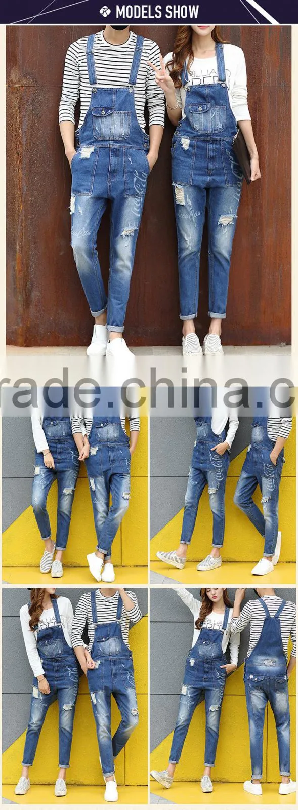 New model custom boyfriend jeans rompers high quality ripped bib overalls for men