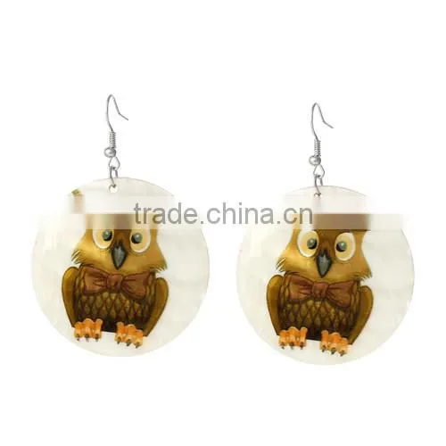 Silver Tone Hook Round Yellow Halloween Owl Fashion Shell Dangle Earrings 6.5cmx4.5cm