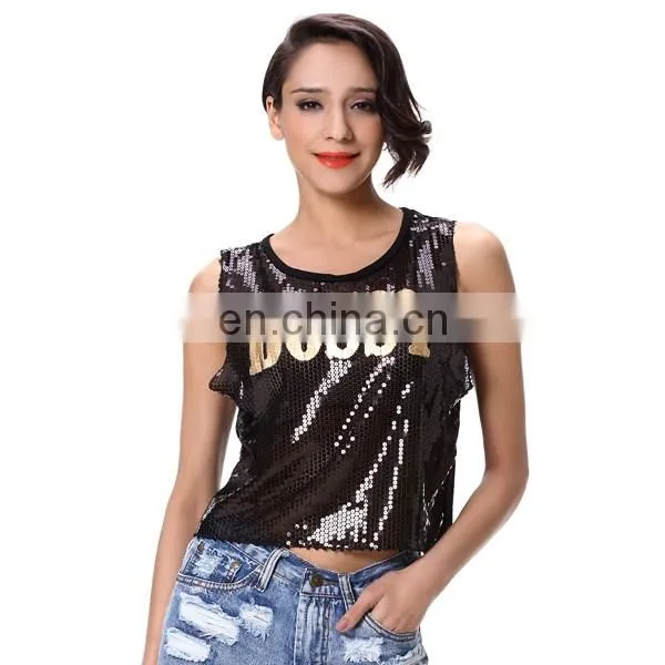 Alibaba Express Gold Print Black Short Girl Tank Top Sequin