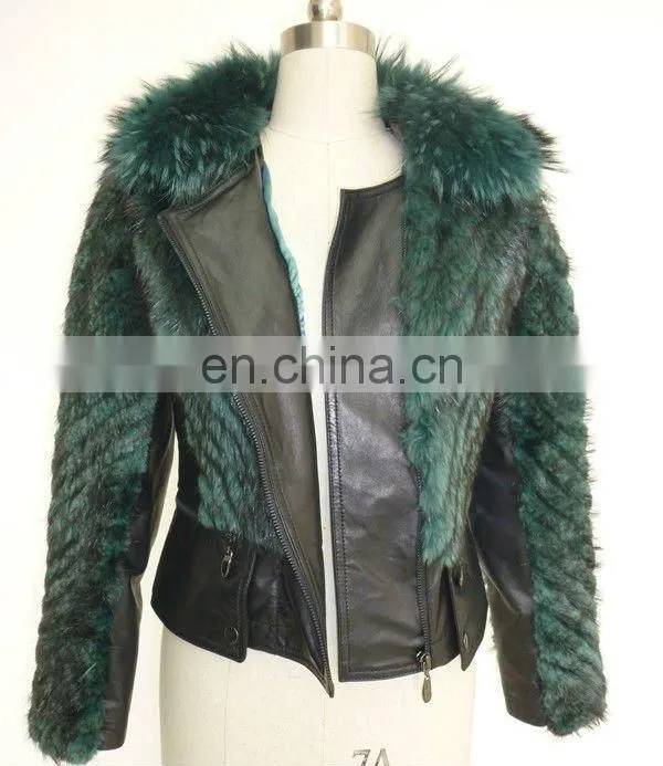 Fashion design ladies Lazy raccoon dog fur coat leather jacket