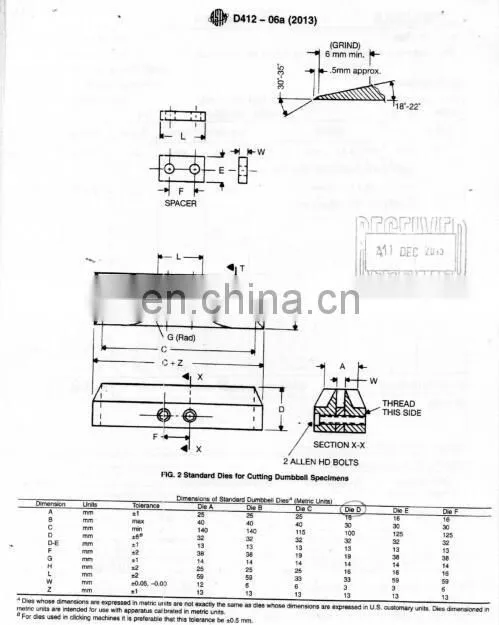 ASTMD 638 Dumbbell Rubber Tensile Dumbbell Die Cutter