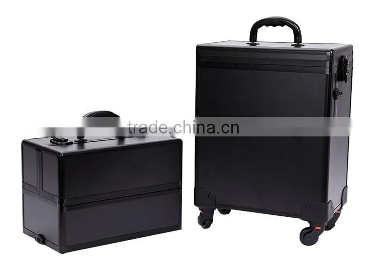 Professional 4-in-1 trolley makeup artist case,professional cosmetic trolley cases,OEM Black rolling aluminum makeup vanity case