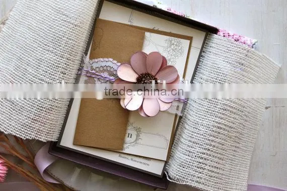 beautiful flower with lace ribbon with box linen wedding invitation card