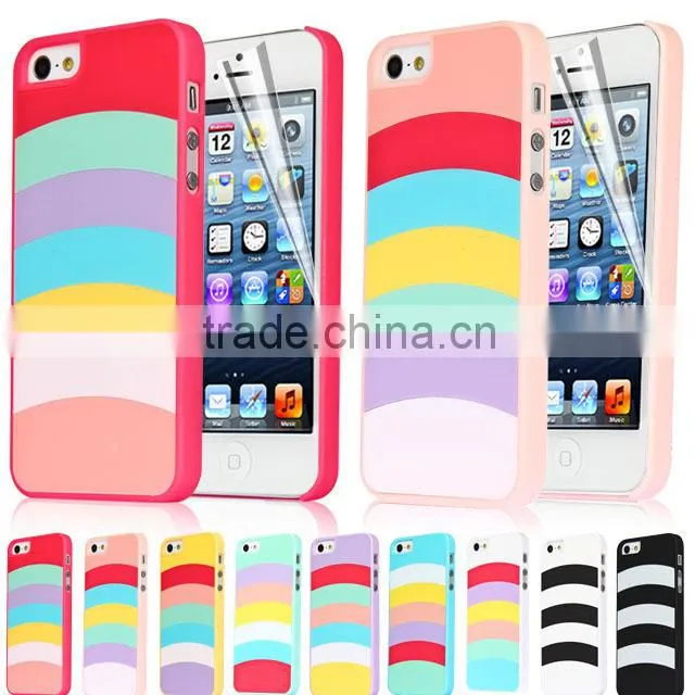 Set Screen Protector And Case For Iphone 5 , Hard Plastic Pink Colorful Stripes Custom Case