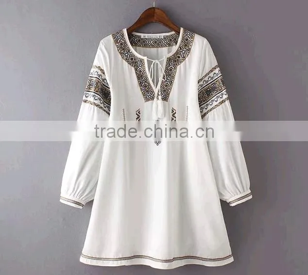Latest Design Long Sleeve Cotton Tassel Embroidered Tunic Mini Dresses