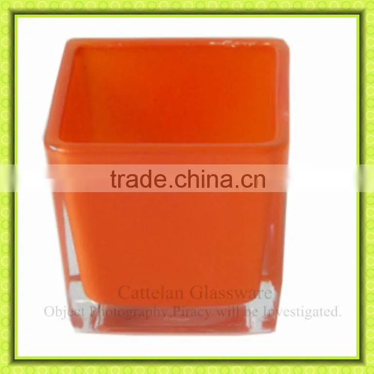 Square bottom orange colored glass vase,glass flower terrarium,garden ornament