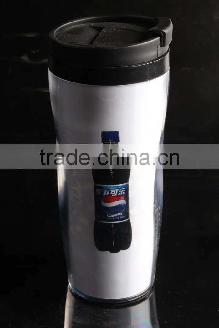 plastic travel mug with paper inserted/advertising mug