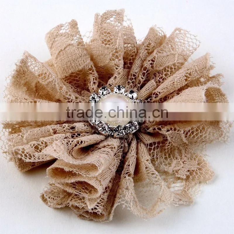 lace flower with pearl rhinestone in center for kids hair accessories