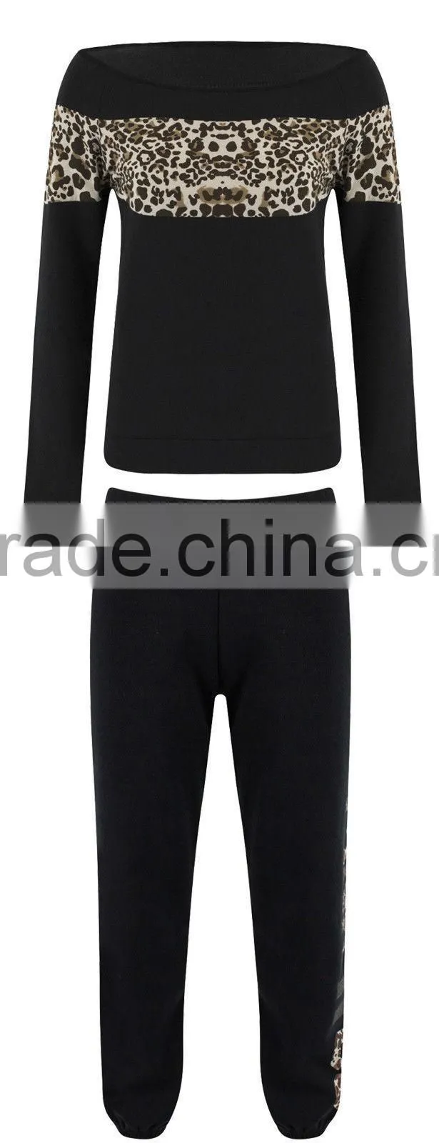 Ladies Leopard Print & Off Shoulder black Tracksuit Jessica Wright Celeb Joggers