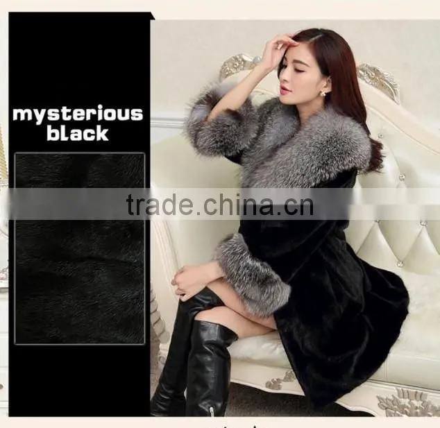 hotest style ladies' long imitation mink fur overcoat with silver fox fur collar