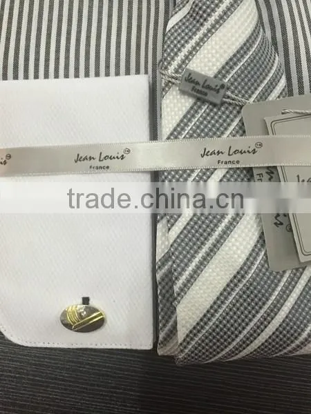 Stock USA Men Oxford Stripes Dress Shirt with Tie/Hankie/Cufflinks