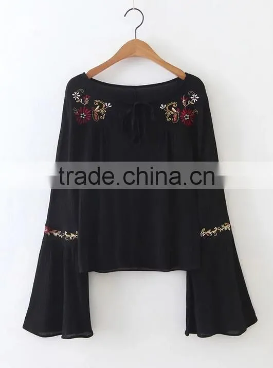 Runwaylover EY2366B Ladies Fashion Flare Sleeve Embroidery Blouse