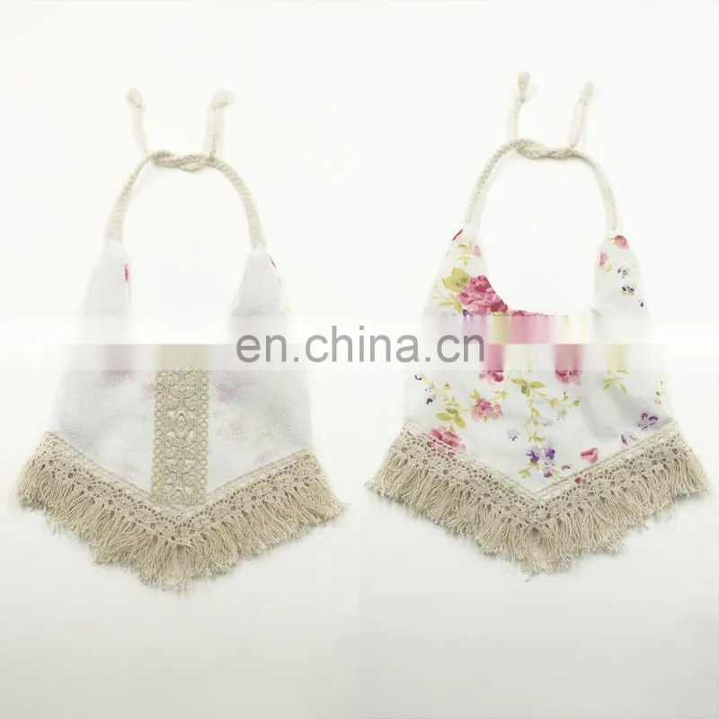 Vintage White Pink Flower Bibs Fringed Cotton Fringed Tassel Baby Nursery Kid's Apron Infant Handkerchief Baptism Accessory