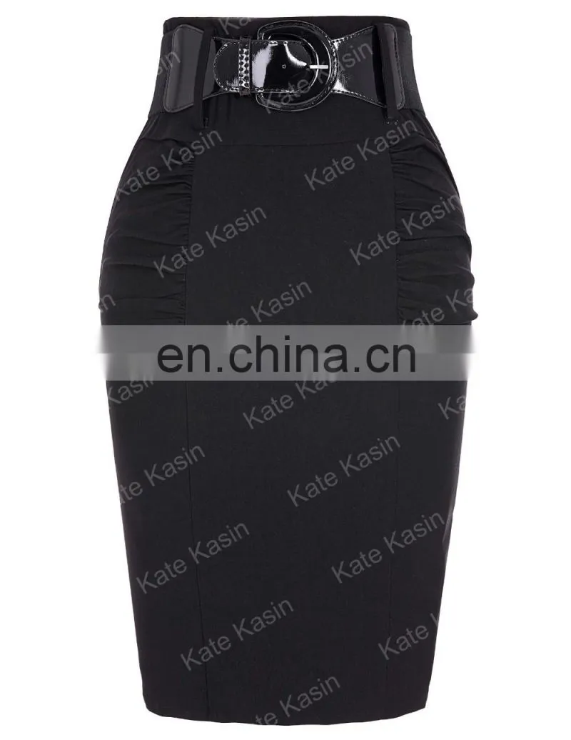 Kate Kasin Women's Shirred Detail High Stretchy Pencil Skirt with Wide Belt KK000271-1